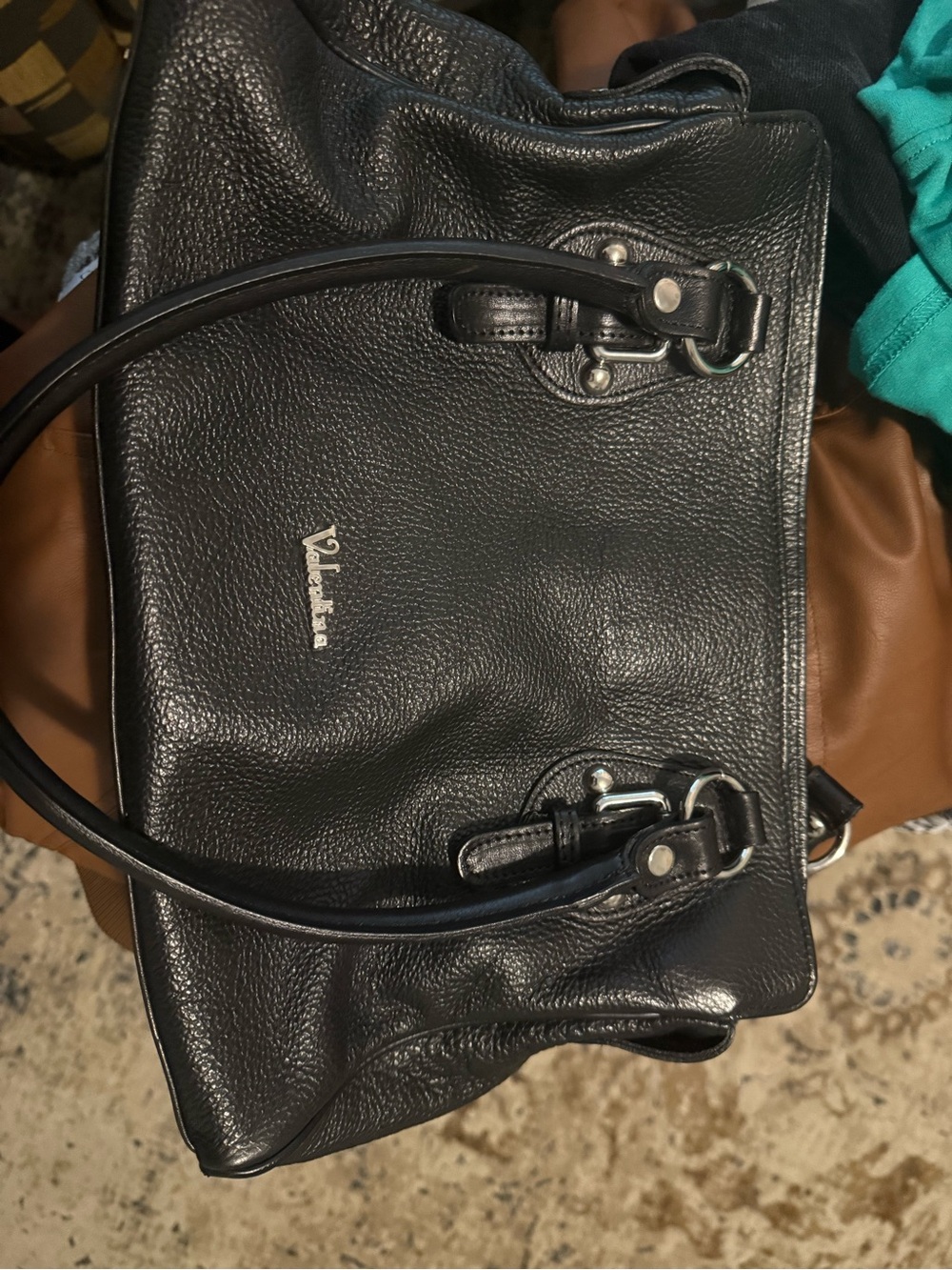 Valentina Black Pebbled Leather Satchel with Silver Hardware